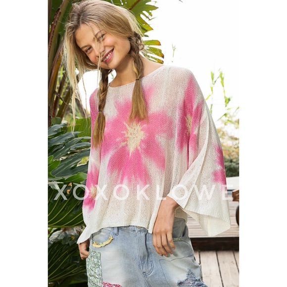 LAST ONE POL Pink Floral Print Wide Neck Lightweight Sweater Oversized - Picture 3 of 16